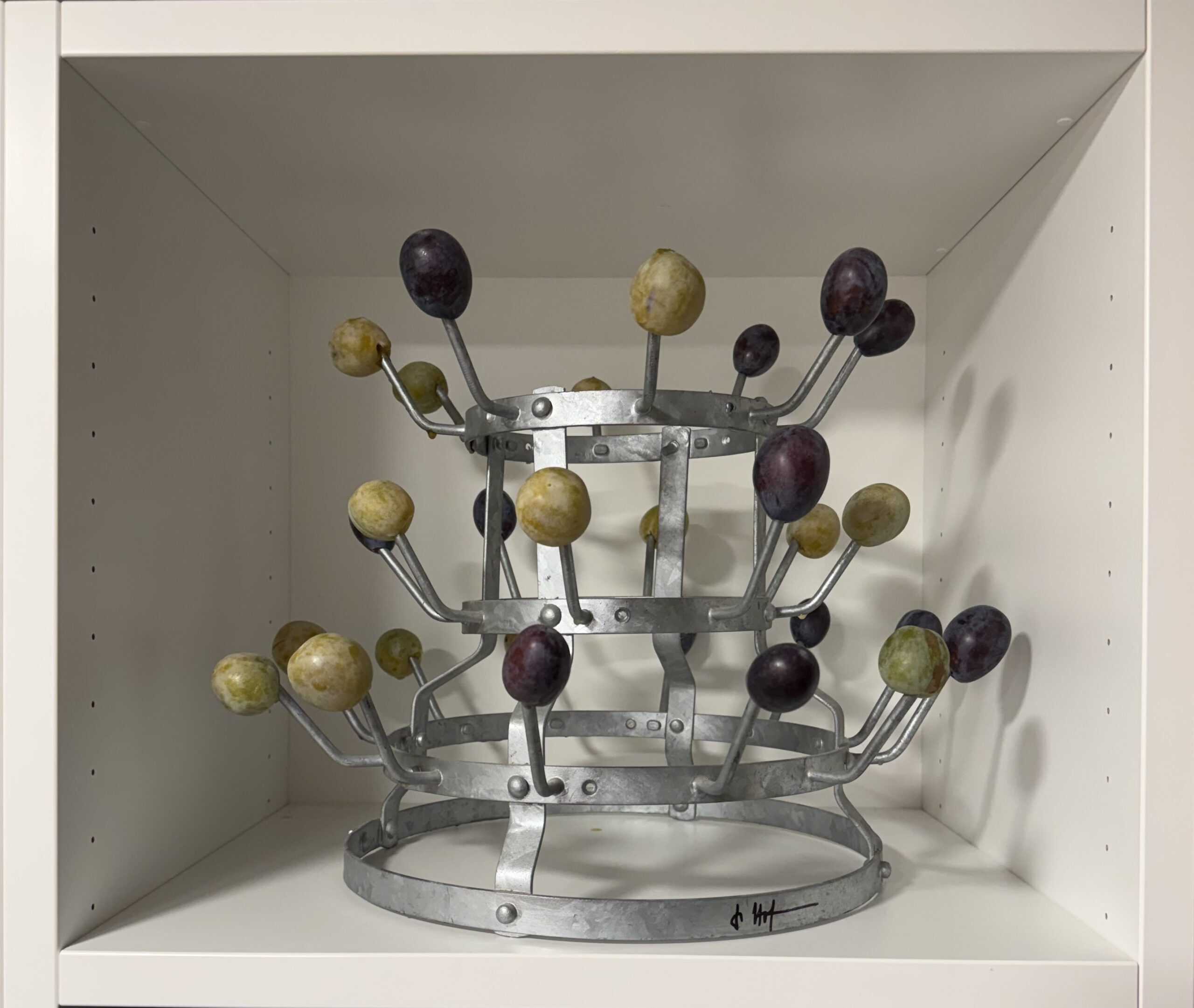 Jürgen Hofmann: Égouttoir, assisted Readymade, Hommage á R.rose Sélavy, Objekt mit Pflaumen Jürgen Hofmann: Égouttoir, assisted Readymade, Hommage á R.rose Sélavy, Objekt mit Pflaumen